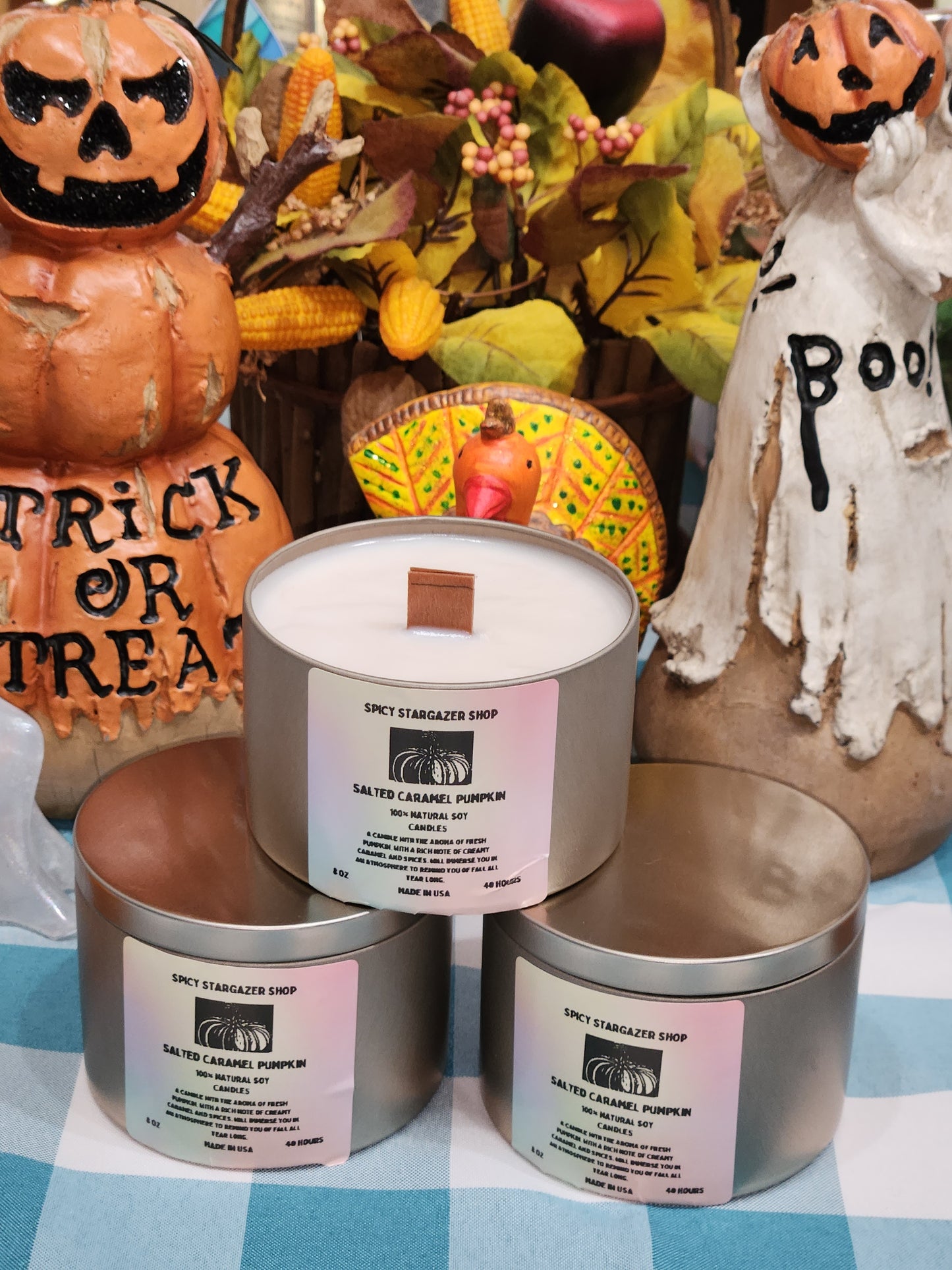 Salted Caramel Pumpkins 8oz. Wood Wick Soy Candle Tins
