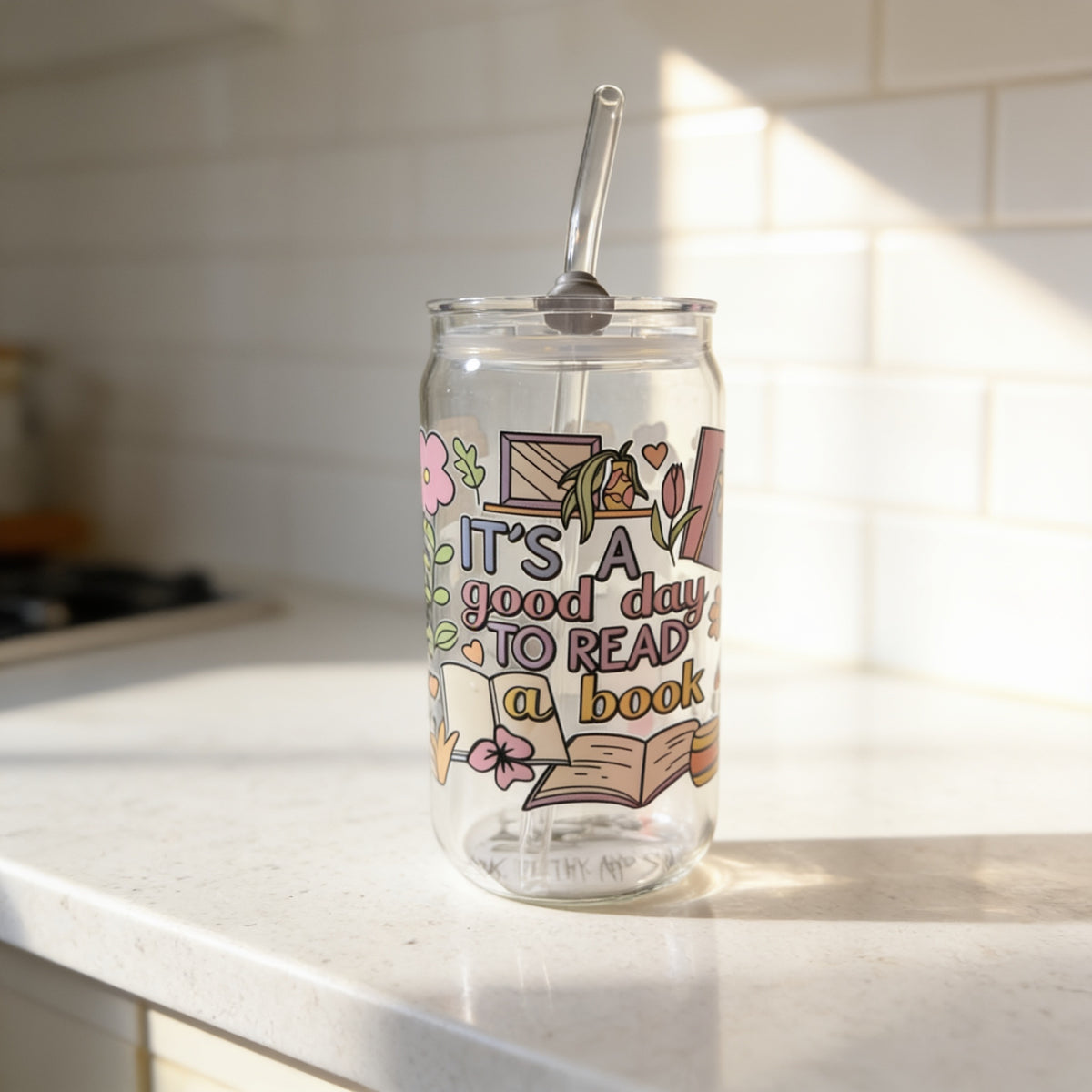16 oz. Glass Bookish Theme Tumbler with Plastic Lid and Glass Straw- It's A Good Day To Read a Book