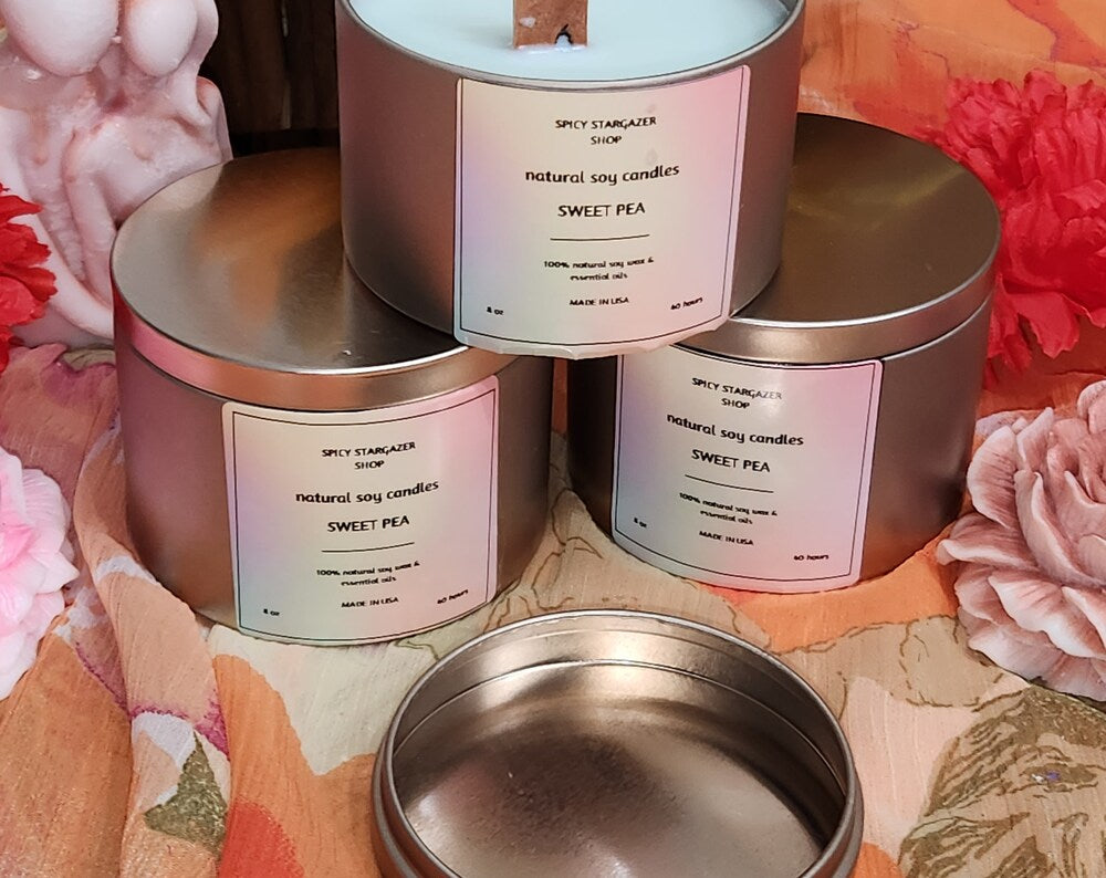 Sweet Pea 8 oz Wood Wicks Soy Wax Candle Tins