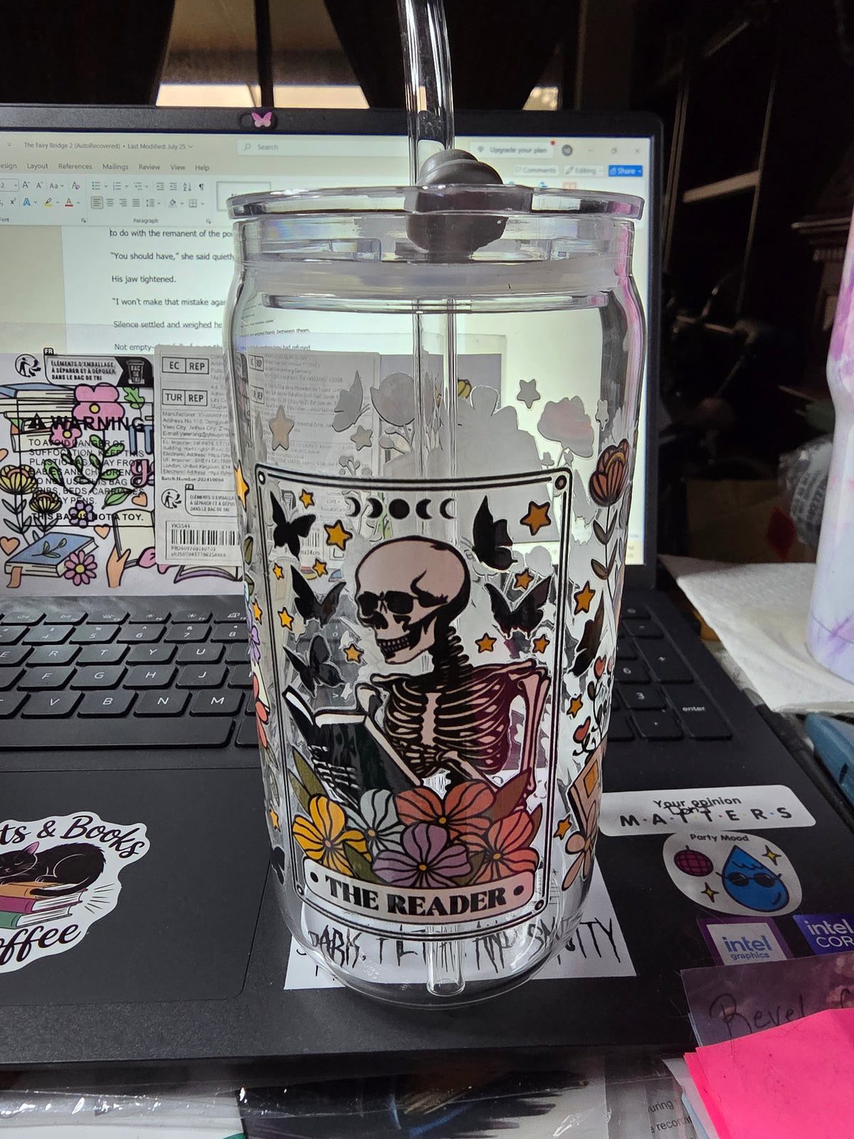 16 oz. Glass Bookish Theme With Plastic Lids and Glass Straw- The Reader
