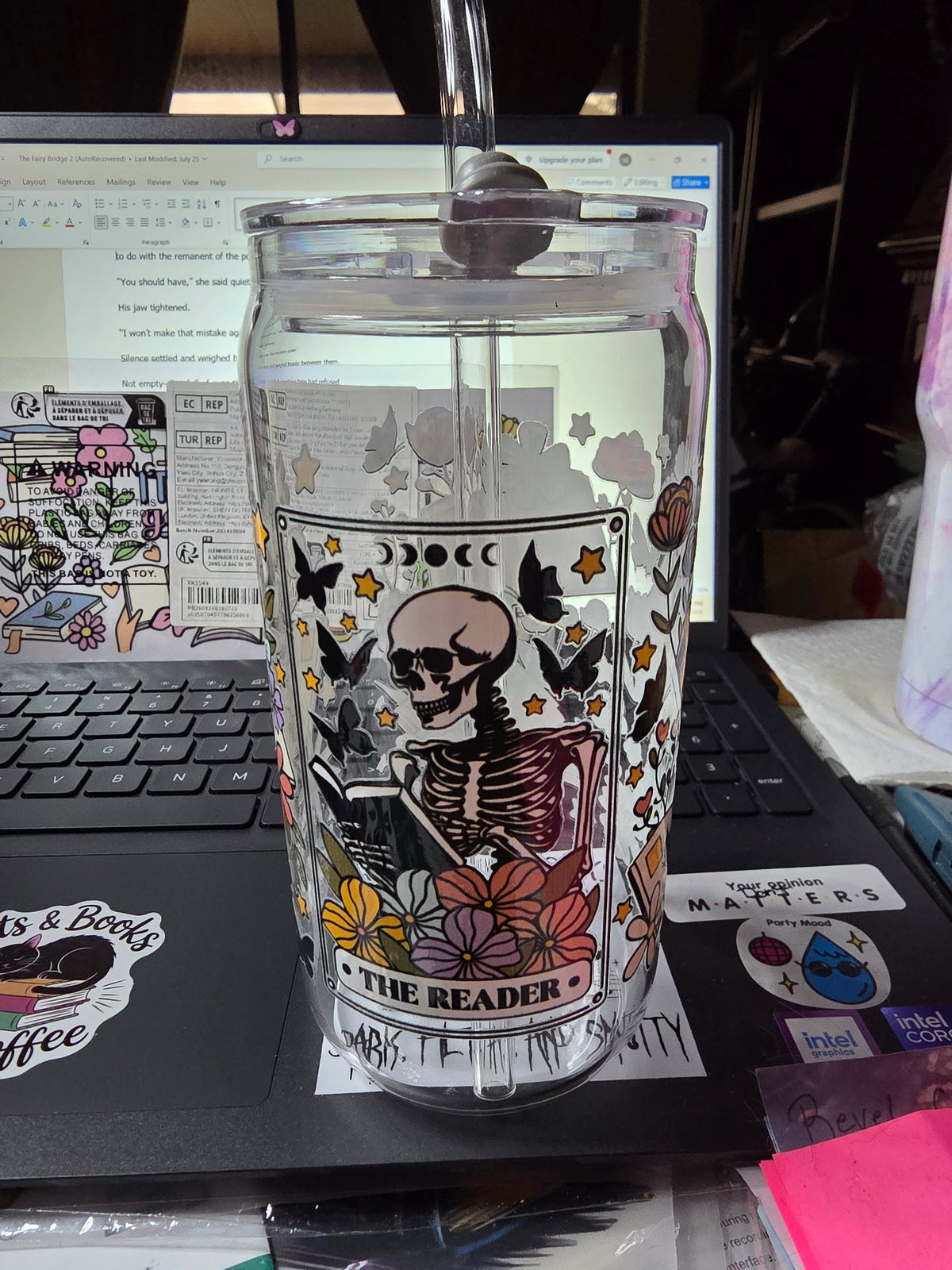 16 oz. Glass Bookish Theme With Plastic Lids and Glass Straw- The Reader