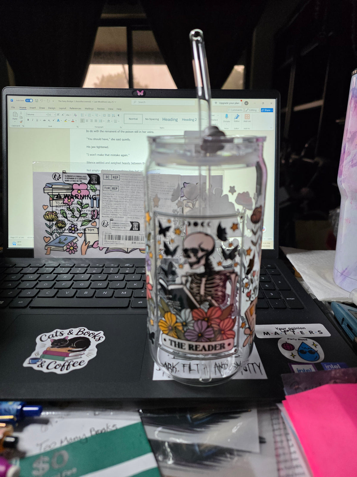 16 oz. Glass Bookish Theme With Plastic Lids and Glass Straw- The Reader