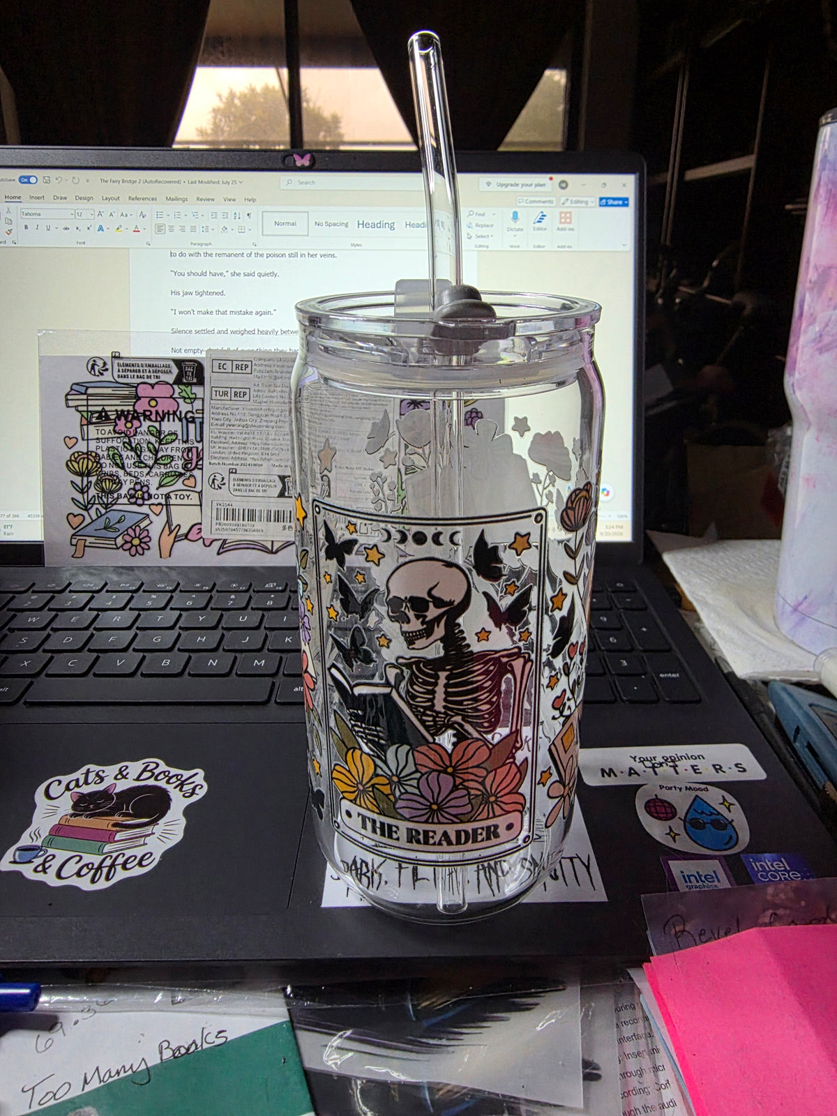 16 oz. Glass Bookish Theme With Plastic Lids and Glass Straw- The Reader