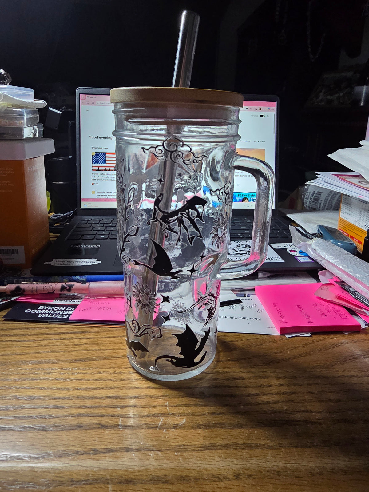 24 oz. Glass Tumbler with Handle Bamboo and Plastic Lids with Stainless Steel Straw- Inspired by Fourth Wing Bookish Theme