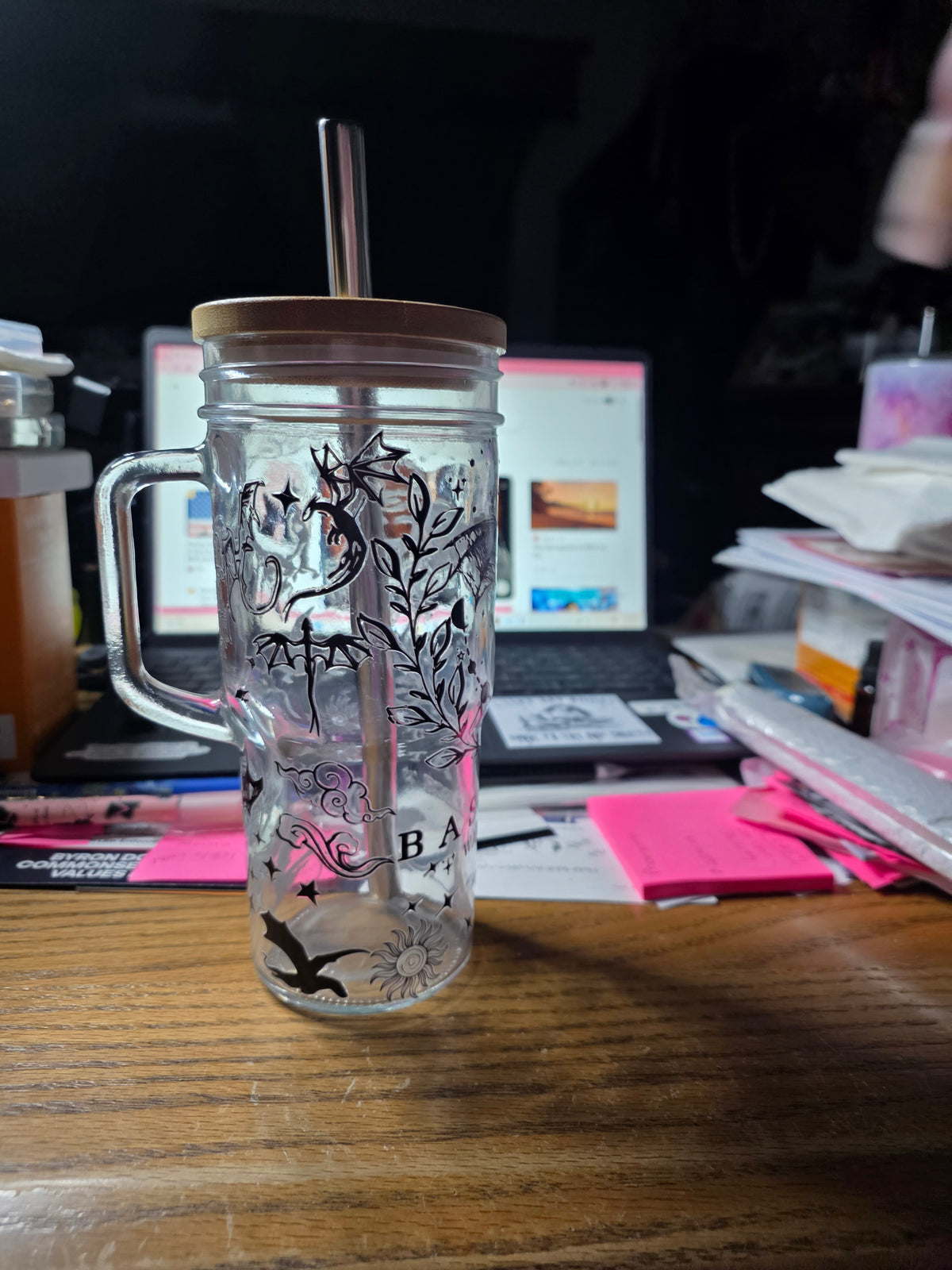 24 oz. Glass Tumbler with Handle Bamboo and Plastic Lids with Stainless Steel Straw- Inspired by Fourth Wing Bookish Theme