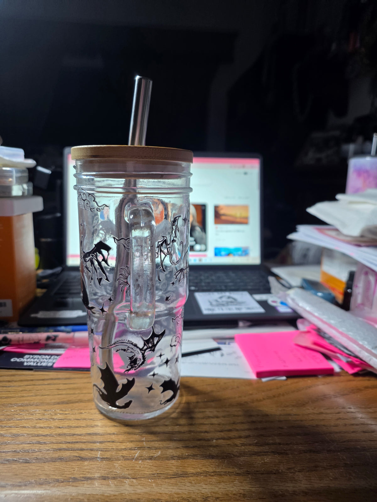 24 oz. Glass Tumbler with Handle Bamboo and Plastic Lids with Stainless Steel Straw- Inspired by Fourth Wing Bookish Theme