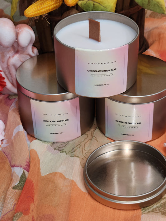 Chocolate Candy Cane 8oz. Wood Wick Soy Candle Tins