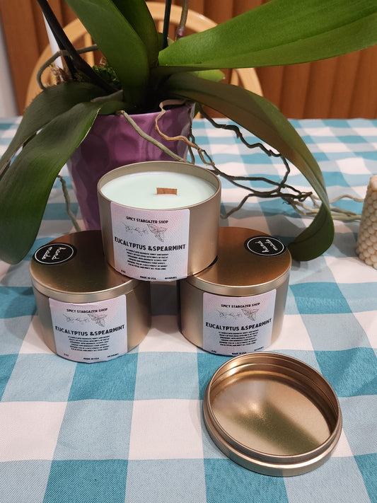 EUCALYPTUS & SPEARMINT Wood Wicks 8oz. All -Natural Soy Wax Candle Tins