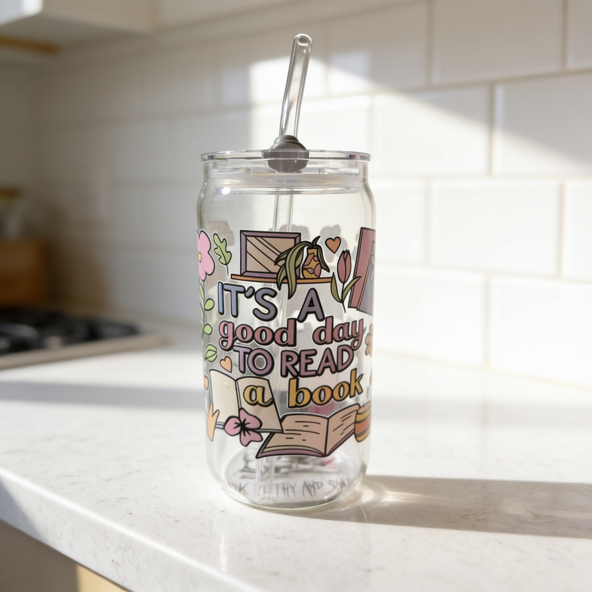 16 oz. Glass Bookish Theme Tumbler with Plastic Lid and Glass Straw- It's A Good Day To Read a Book