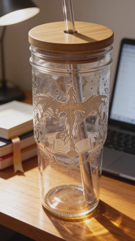 24 oz. Glass Tumbler with Handle Bamboo and Plastic Lids with Stainless Steel Straw- Inspired by Fourth Wing Bookish Theme