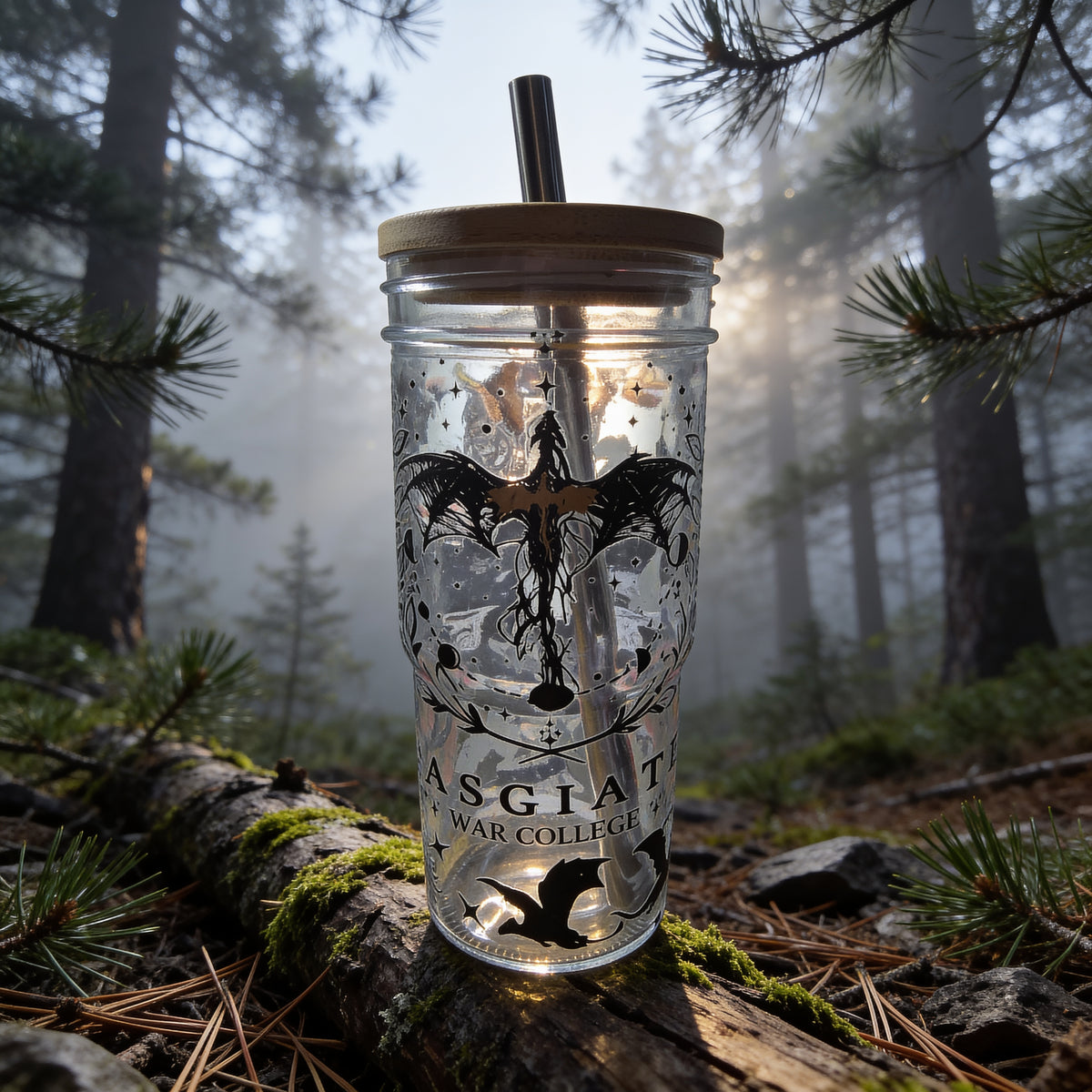 24 oz. Glass Tumbler with Handle Bamboo and Plastic Lids with Stainless Steel Straw- Inspired by Fourth Wing Bookish Theme