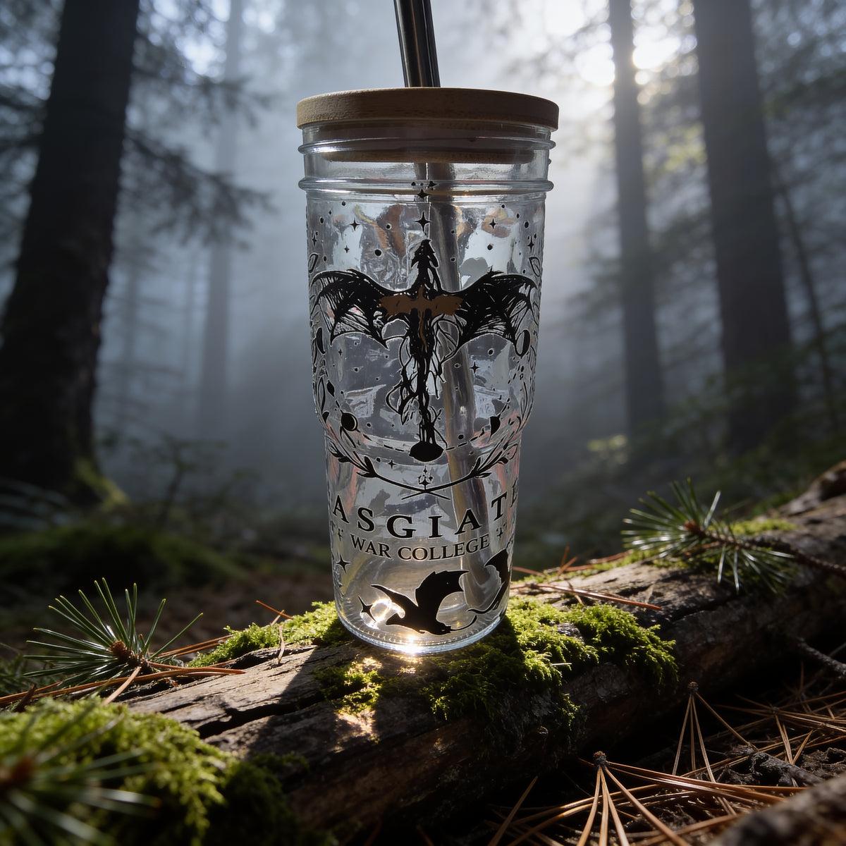24 oz. Glass Tumbler with Handle Bamboo and Plastic Lids with Stainless Steel Straw- Inspired by Fourth Wing Bookish Theme