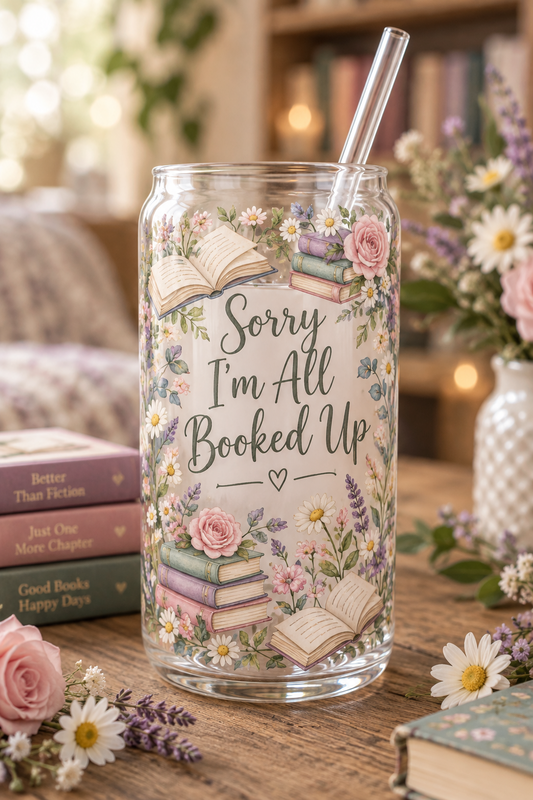 16 oz. Glass Bookish Theme Tumbler with plastic lids and Glass Straw - Sorry I'm All Booked Up
