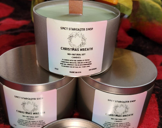 Christmas Wreath 8oz Wood Wicks Soy Wax Candle Tins